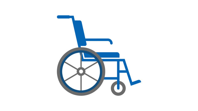 Clean vector graphic of a modern blue wheelchair, an essential symbol for accessibility, mobility support, and healthcare assistance for individuals with specific needs