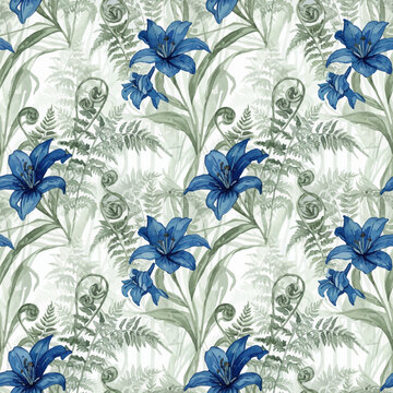 Seamless botanical pattern featuring vibrant blue lilies and green fern fronds with fiddleheads on a white background, suitable for wallpaper or fabric textile design.