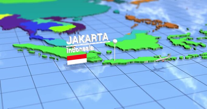 Jakarta indonesia location pin on 3d map with flag plane