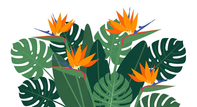 Tropical plants with bird of paradise flowers.