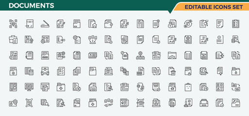 Documents line icon set. It contains symbols to folio, paper, contract, form, copy, note, pad and more. Minimalist icons collection. Pictogram and infographic. File vector line icon set. © Cats2udio