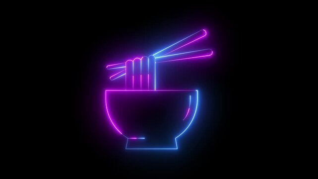 Glowing neon noodles in bowl and chopsticks icon isolated on black background. Street fast food. suitable for restaurant concept cafe, shop or food delivery. 4K Video animation.