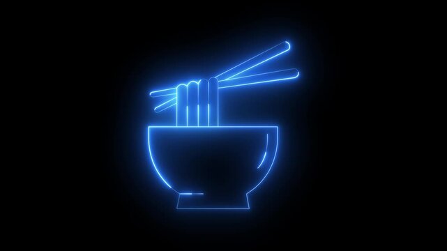 Glowing neon noodles in bowl and chopsticks icon isolated on black background. Street fast food. suitable for restaurant concept cafe, shop or food delivery. 4K Video animation.
