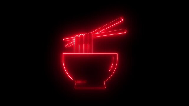 Glowing neon noodles in bowl and chopsticks icon isolated on black background. Street fast food. suitable for restaurant concept cafe, shop or food delivery. 4K Video animation.