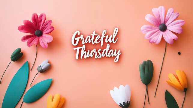 Peach background with colorful paper flowers and "Grateful Thursday" text.