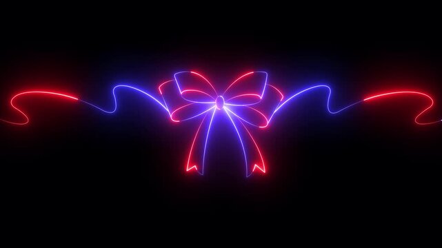 glowing neon bow ribbon banner icon isolated on black background. suitable for design template birthday, wedding, Christmas card, invitation, sale. 4k video animation.