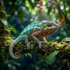 Fototapeta premium Chameleon on mossy branch in lush forest