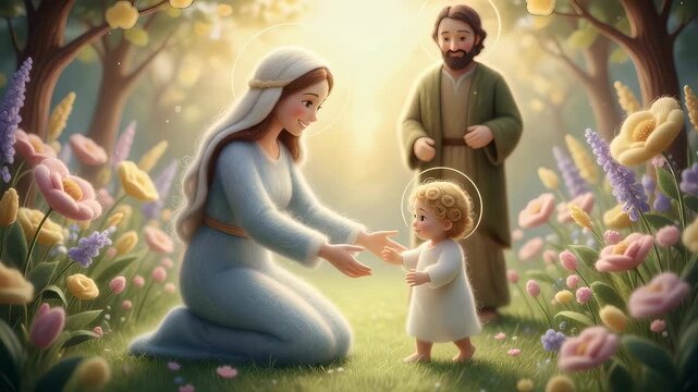 Blessed woman and man watching baby in garden. Holy family in blooming meadow. Christian religious scene representing sacred love and divine childhood connection.