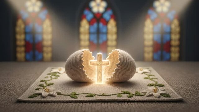 Radiant cross glowing inside a knitted egg shell on a floral mat. Biblical christian resurrection concept featuring stained glass background for religious Easter.