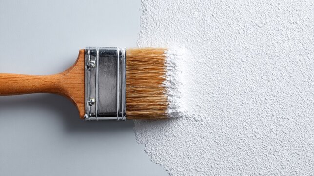 Paintbrush with wooden handle applying white paint on a textured wall surface, showcasing a clean division between the painted and unpainted areas