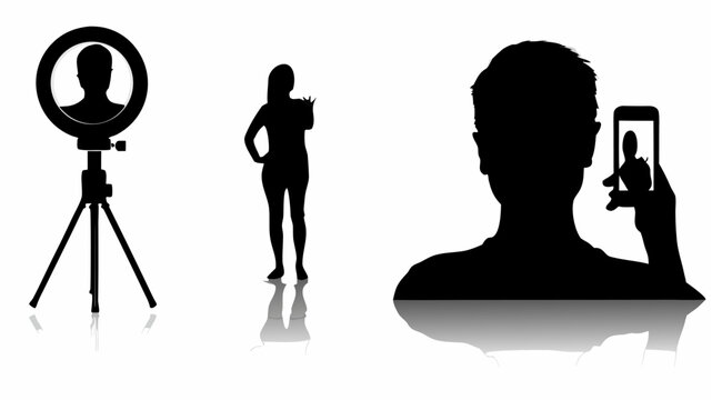 Silhouette of person taking selfie with ring light and tripod another person posing social media content creation self portrait silhouette smartphone photography lighting influencer