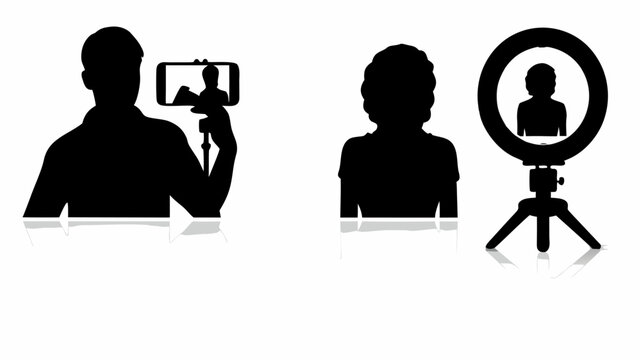 Silhouette of man taking selfie with smartphone on selfie stick ring light with person social media content creation self portrait smartphone silhouette photography lighting influencer