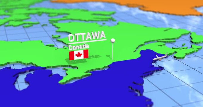 Ottawa canada on world map with location pin flag plane