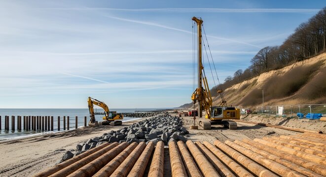 Coastal erosion control construction of a seawall and beach restoration project