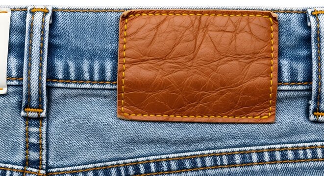 Close up of denim jeans with a brown leather patch detail