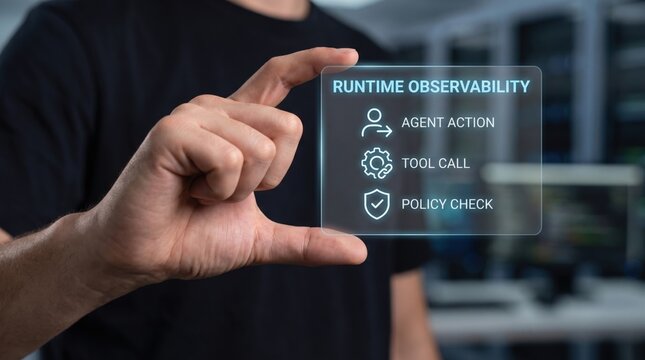 AI stack control - A hand interacts with a dynamic digital interface, showcasing system observability in a modern, cinematic close-up.