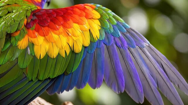 Close up of a vibrant parrot wing with rainbow colored feathers.