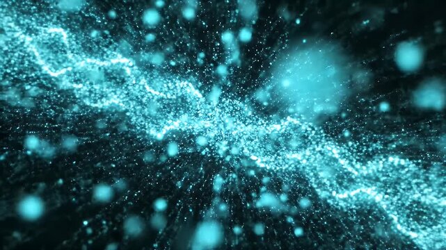 Abstract glowing blue particles swirling in dark space creating a cosmic wave effect.