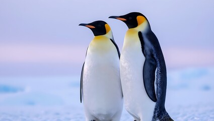 Fototapeta premium Two royal penguins standing together in a vast snowy landscape