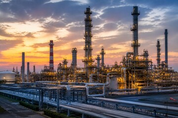 Fototapeta premium Industrial Refinery at Sunset with Dramatic Sky- It is society based large scale industry