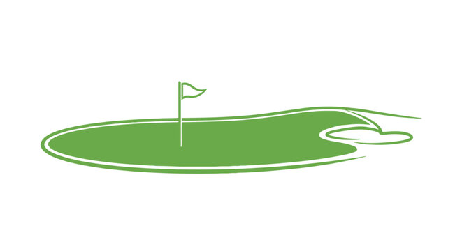 A green golf course with a flag on a white background