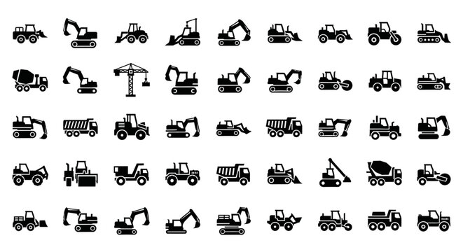 Heavy Machinery Industrial Equipment Icons.