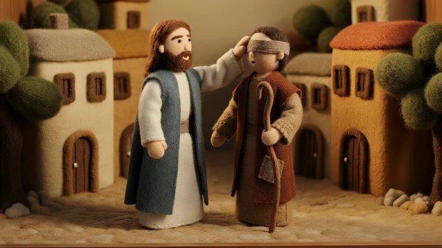 Jesus heals blind man in bibical story. Knitted style doll scene showing miracle of restoring sight. Religious concept of divine intervention and faith healing.