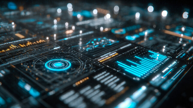 Modern digital dashboard interface with luminous neon graphs and charts, illustrating real-time data monitoring, business performance tracking, and smart technology systems.