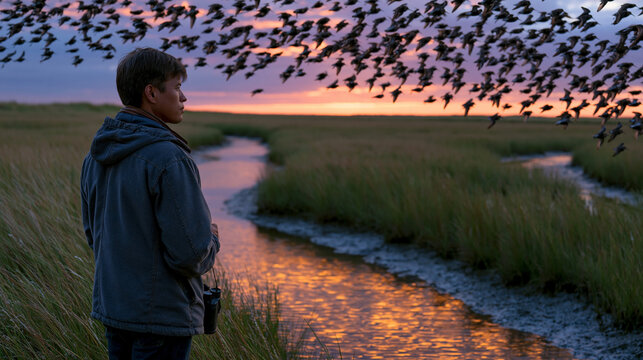 A solitary birdwatcher stands at the edge of a salt marsh at midsummer golden hour, scanning with binoculars as a flock of dunlin wheels in tight formation above the spartina grass reflecting in tid