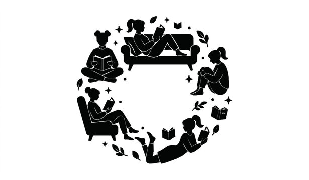 Girl reading book silhouette collection with seated side view poses vector illustration set