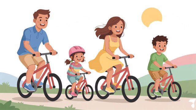 Family with kids riding bicycles and scooter outdoors in summer Vector