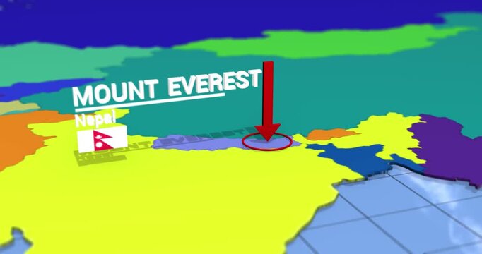 Mount everest location highlighted on 3d map of nepal