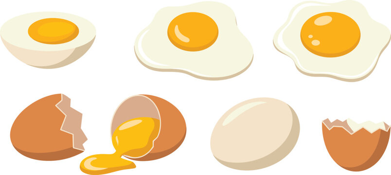 Collection of brown egg icons including whole shell cracked open with yolk and fried sunny side up breakfast elements.
