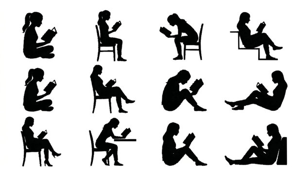 Sitting girl reading book silhouette set with side view poses and relaxed reading positions vector collection