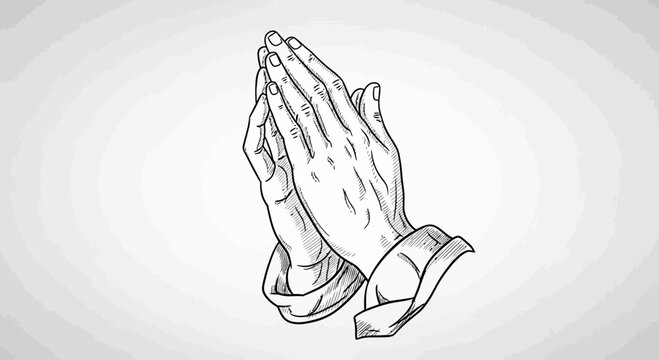 Hands in prayer position with detailed line art on a neutral background