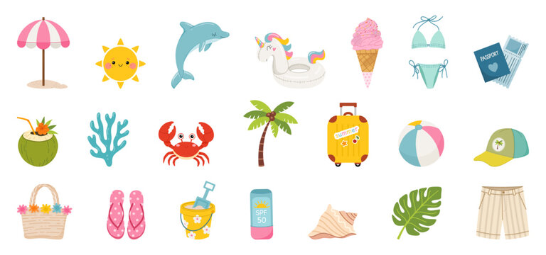 Summer beach collection with cute travel and tropical elements. Unicorn float, palm tree, dolphin, crab, coconut drink, ice cream, swimsuit, suitcase, umbrella and shell. Flat vector illustration.