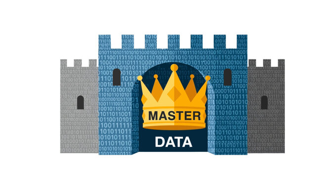 Master Data Management Concept Illustration with Golden Crown and Binary Code Castle Fortress for Cybersecurity and Digital Governance