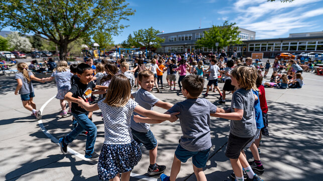A wide shot of a school recess yard showing multiple friendship clusters forming simultaneously, children linking arms, chasing, and sitting in small circles across the open concrete under a bright 