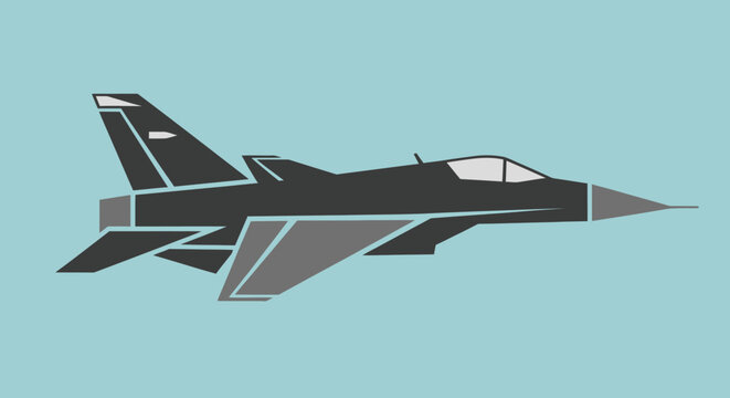 Modern fighter jet, dark gray and light gray, side view, against a light blue background, vector illustration