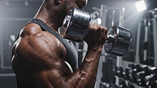 Muscular Man Lifting Dumbbell in Gym.