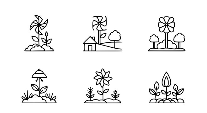 Set of nature and garden icons featuring pinwheels flowers rural landscapes with houses and trees in a minimalist thin line vector style.