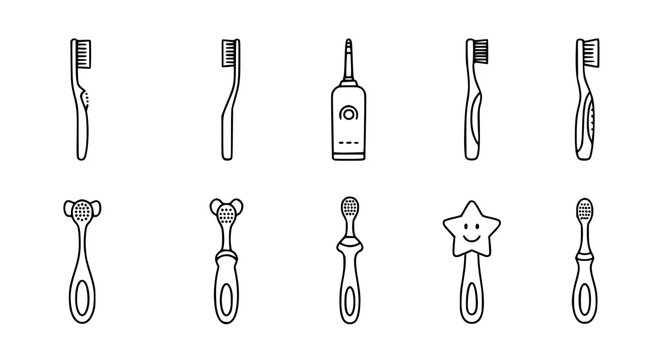 Set of baby and toddler toothbrushes featuring various ergonomic designs including soft bristles teether handles and cute character shapes for early dental hygiene.