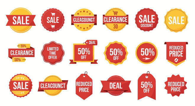 Sale badges and discount labels in red and yellow isolated on white
