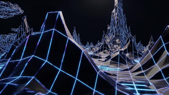 Abstract Digital Landscape with Neon Grid and Geometric Mountains.