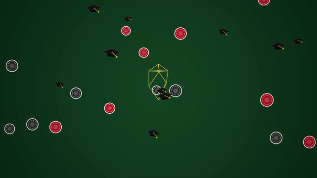 Academic graduation caps and casino chips floating on a green background
