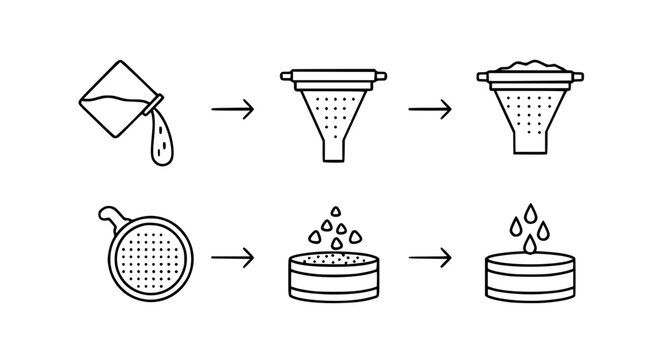 Set of filtration and sieving process icons illustrating liquid pouring funnel usage and solid particle separation steps in thin line vector style for laboratory and industrial concepts.