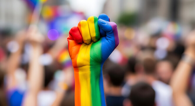 Raised fist painted with rainbow colors at a pride parade celebration