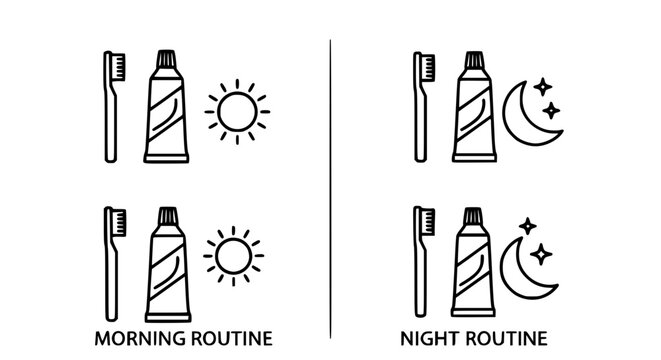 Daily dental hygiene routine line icon set featuring morning and night toothbrush and toothpaste symbols with sun and moon for healthcare vector illustration.