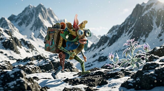 Pinwheel Bot Exploring Snowy Mountain Landscape &ndash; AI Generated Futuristic Scene