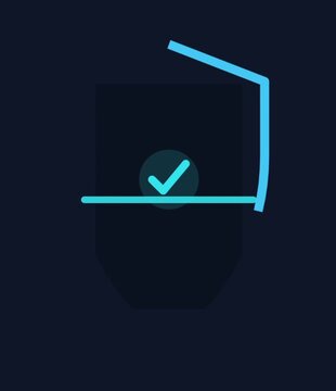 Futuristic cyan check mark icon animation, digital verification symbol on dark background, neon blue success tick for user interface design